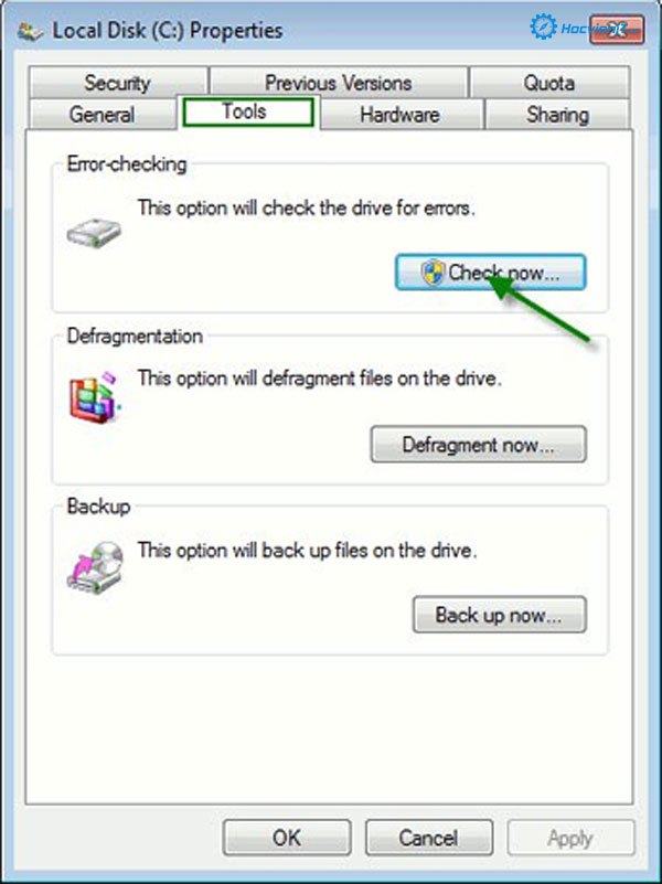 Trong tab Tools và chọn Check Now. Trong tab Tools và chọn Check Now.