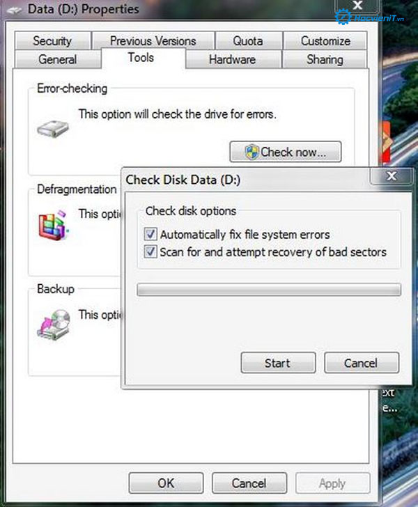 Chọn Scan for and attempt recovery of bad sectors Chọn Scan for and attempt recovery of bad sectors