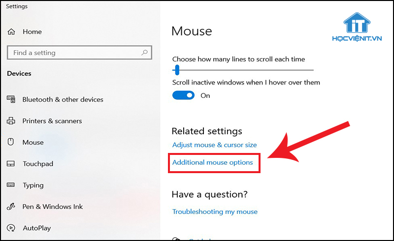 Click vào Additional mouse options