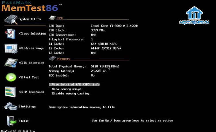 Giao diện phần mềm Memtest86