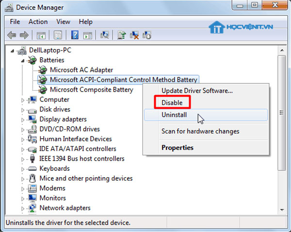 Chọn Disable phần Microsoft ACPI-Compliant Control Method Battery