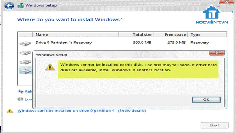 Windows Cannot Be Installed to This Disk. The Disk May Fail Soon