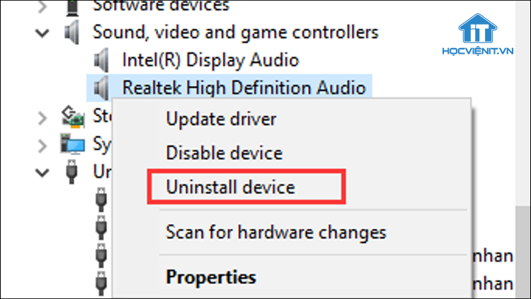 Chọn Uninstall device