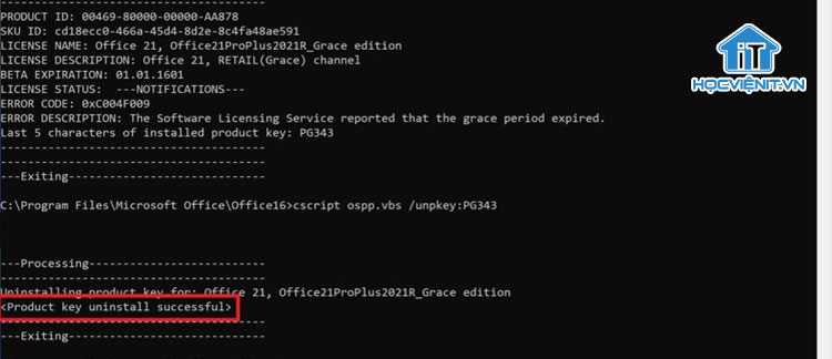 Thông báo Product key uninstall successful