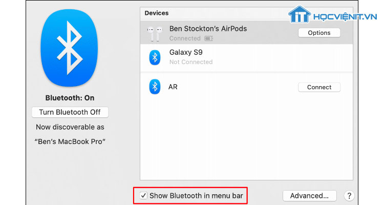 Hiển thị Bluetooth trên thanh menu