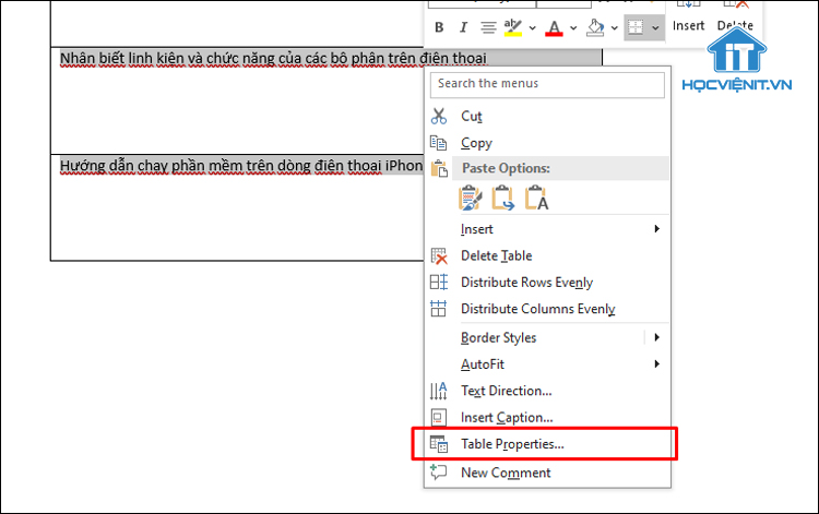 Chọn Table Properties