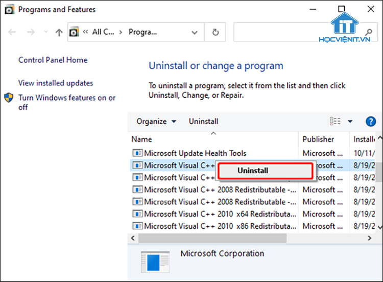 Gỡ cài đặt các gói Visual C ++
