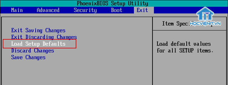 Lựa chọn reset thiết lập BIOS