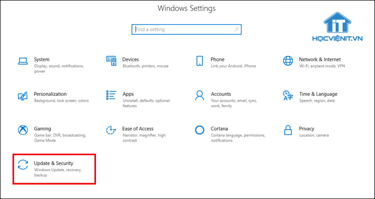 Chọn Update & Security