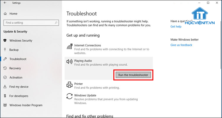 Nhấp Run the troubleshooter