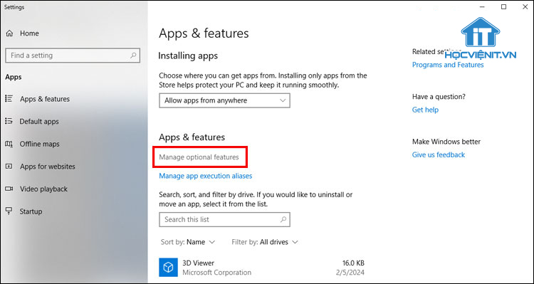 Chọn Manage optional features