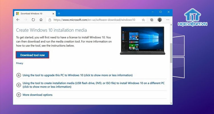 Tải xuống công cụ Create Windows 10 installation media