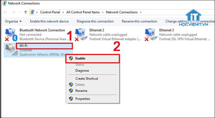 Click chuột phải vào Wifi chọn Enable