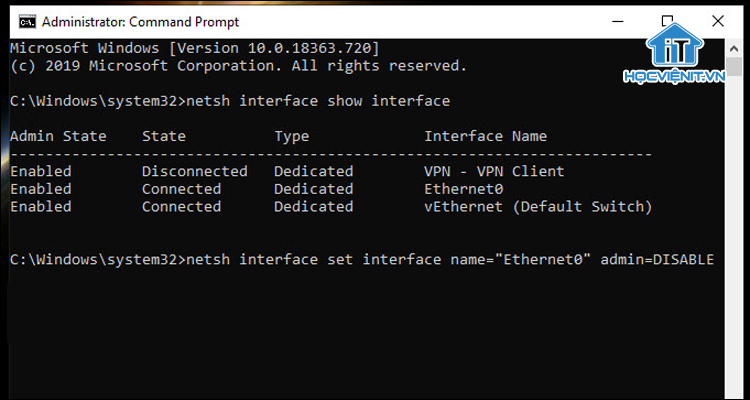 Nhập lệnh tắt Ethernet network adapter