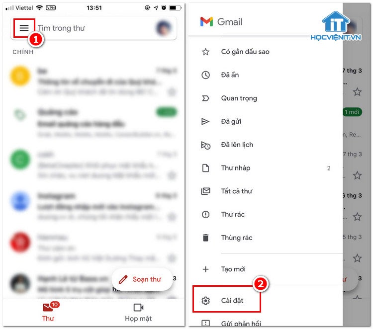 Truy cập mục Cài đặt trên ứng dụng Gmail