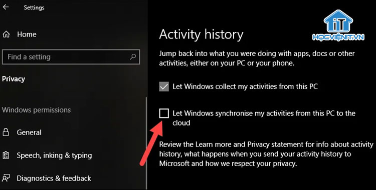 Bỏ chọn mục "Let Windows synchronize my activities from this PC"
