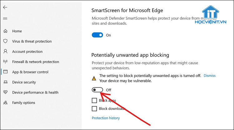 Tắt mục Potentially unwanted app blocking