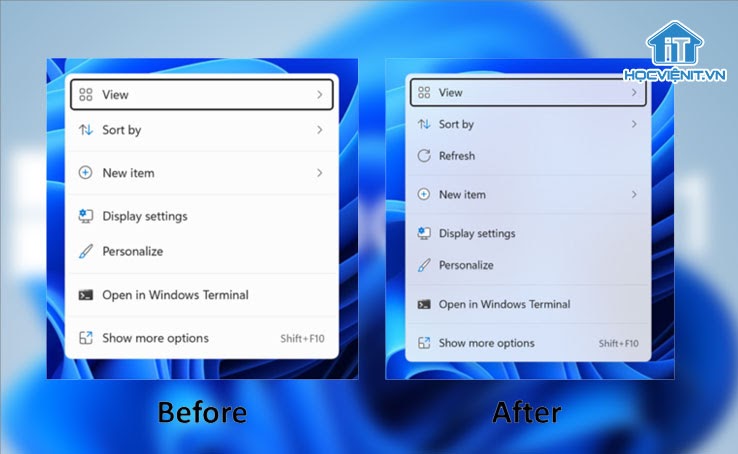 Menu của Windows 11 trước và sau khi chuyển bối cảnh acrylic