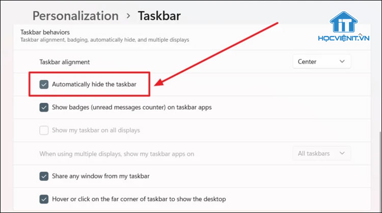 Tích chọn vào Automatically Hide the Taskbar