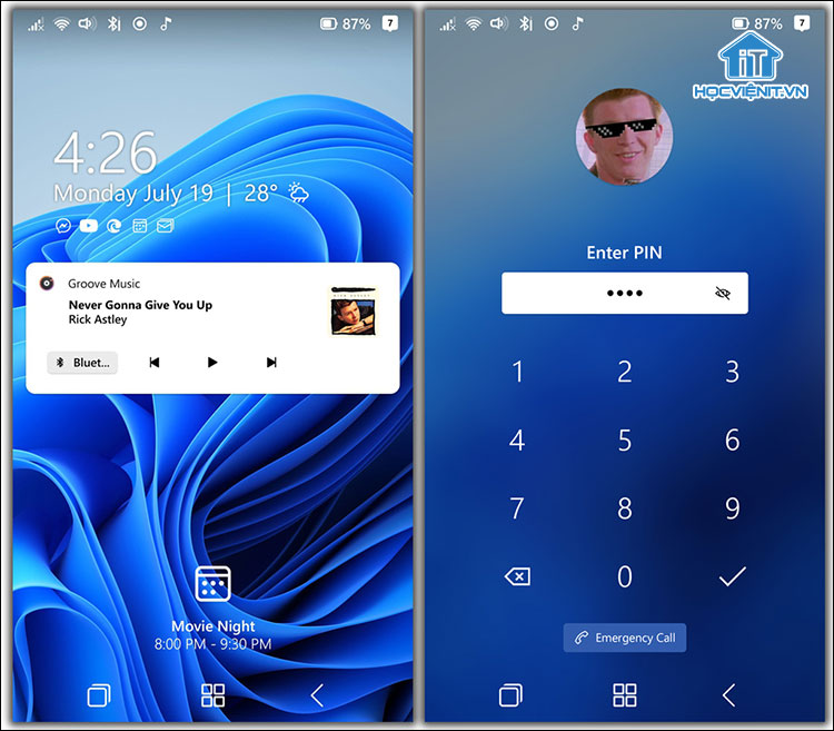 Màn hình khóa và màn hình chính của Windows 11 Mobile