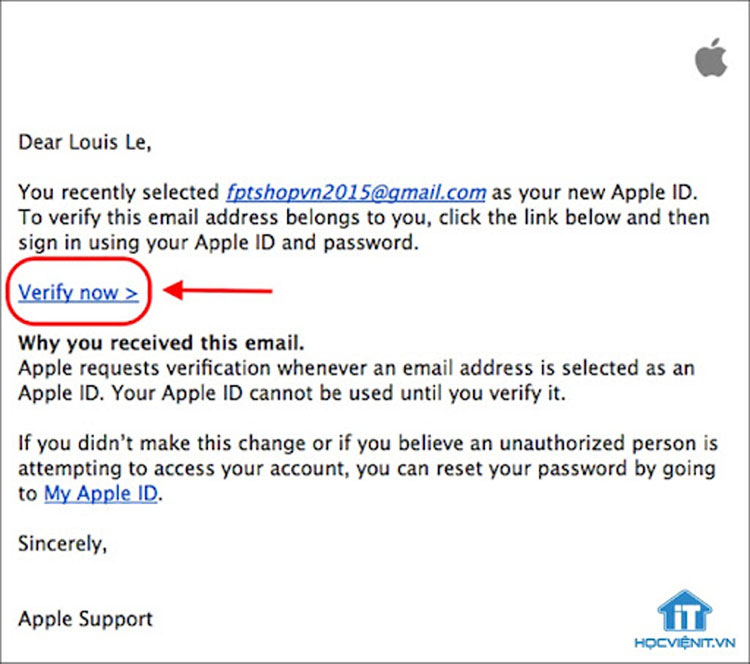 Click chọn Verify now để xác nhận email từ Apple