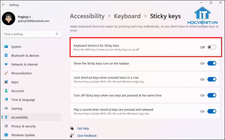 Chuyển Keyboard shortcuts for sticky keys sang chế độ Off