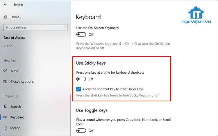 Chuyển xuống phần Keyboard rồi tìm kiếm mục Use Sticky Keys ở bên phải