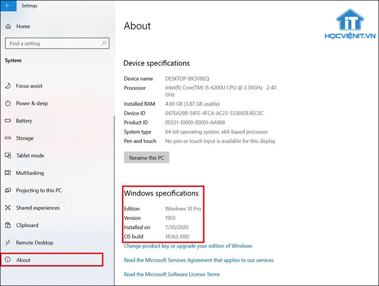 Phiên bản của Windows 10 hiển thị tại Windows Specifications, mục Version