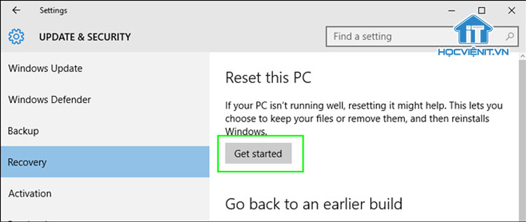 Nhấn Get Started trong mục Reset this PC