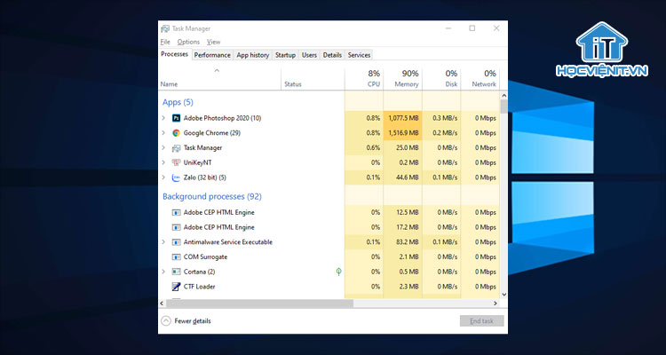 Giao diện Task Manager mở rộng