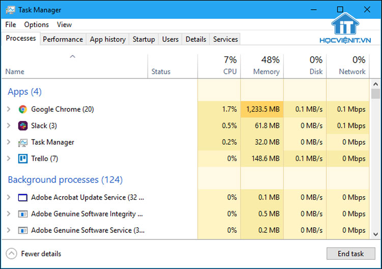 Tab Processes của Task Manager