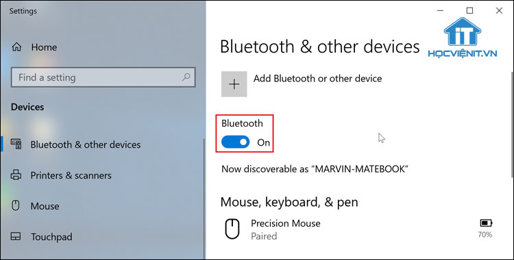 Bật Bluetooth từ Settings