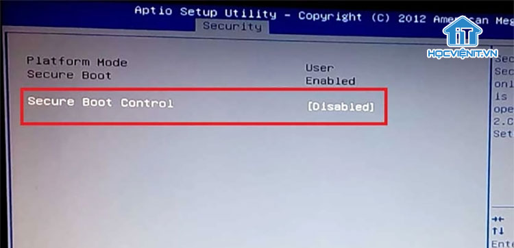 Secure Boot Control trong tab Security