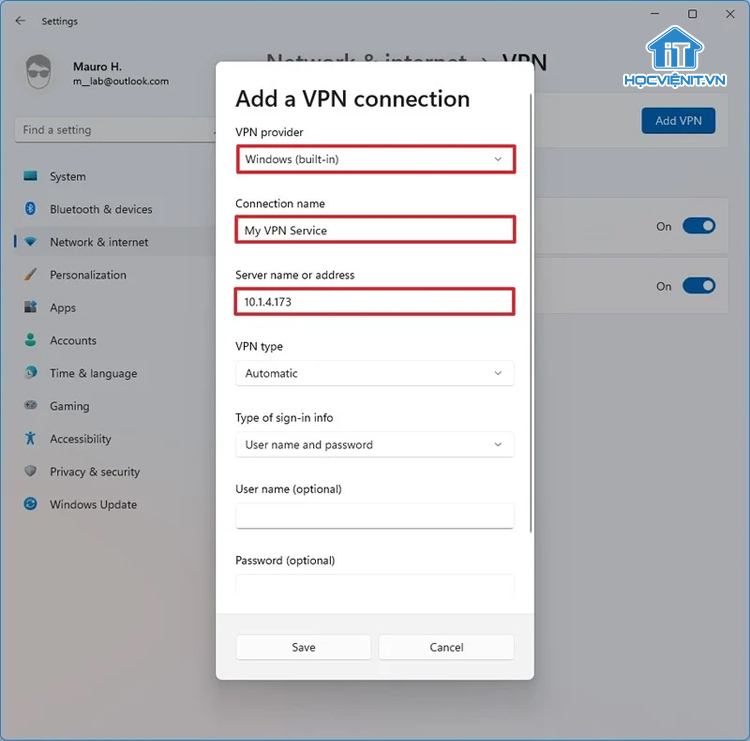 Cửa sổ thiết lập kết nối VPN