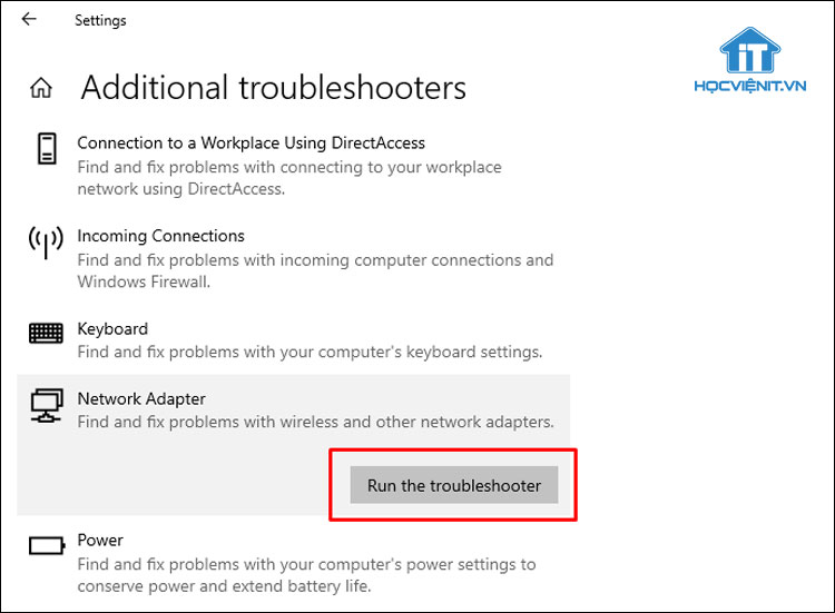 Nhấn Run the troubleshooter trong Network adapter