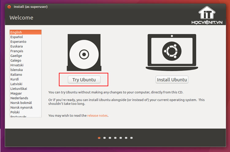 Chọn Try Ubuntu để truy cập vào giao diện dễ thao tác hơn