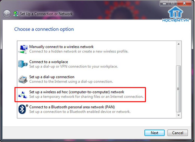 Chọn Setup a wireless ad hoc