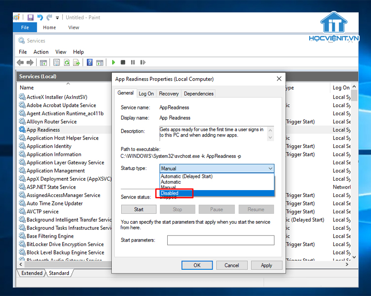 Đặt Startup type thành Disable