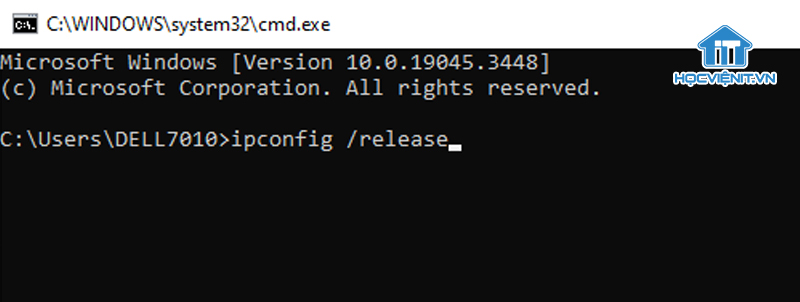Nhập lệnh "ipconfig /release" và nhấn Enter