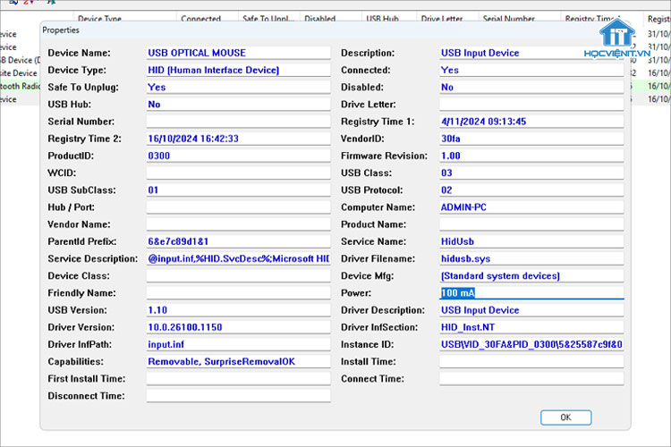 Giao diện phần mềm USBDeview