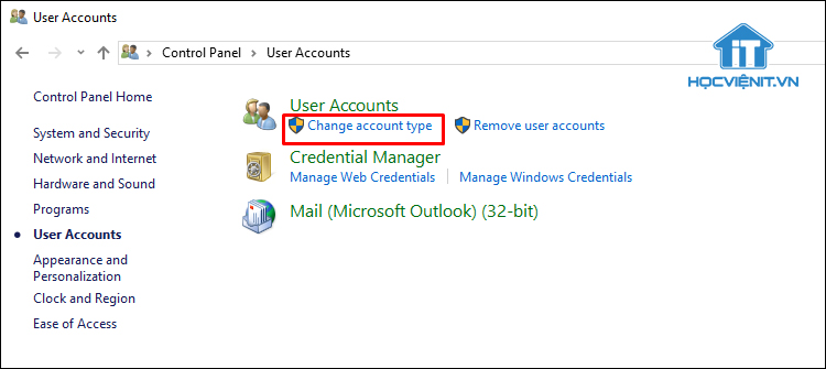Chọn "Change account type"