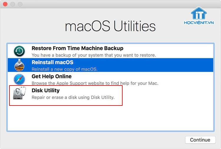 Chọn Disk Utility