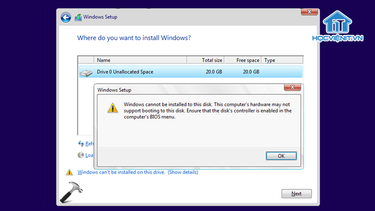 Lỗi “Windows cannot be installed to this disk”