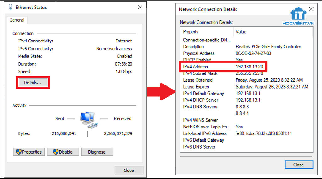 Tìm dòng IPv4 Address