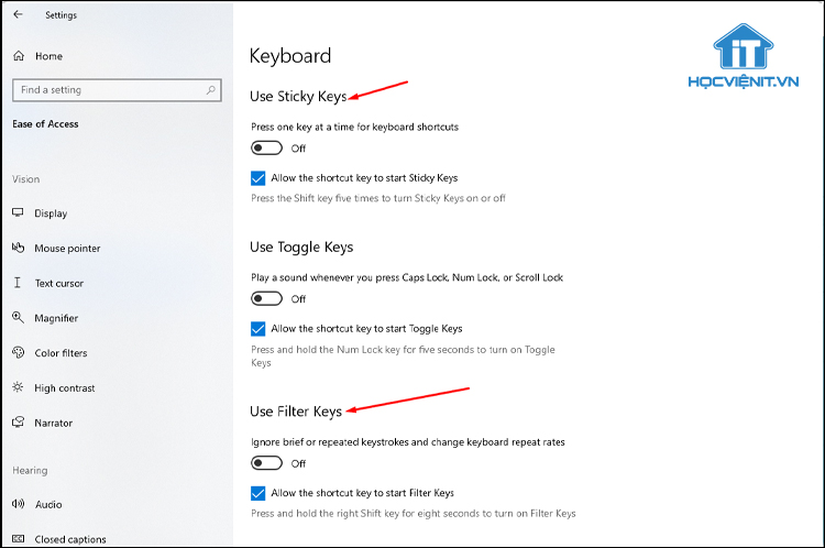 Tắt Use Sticky Keys và Use Filter Keys