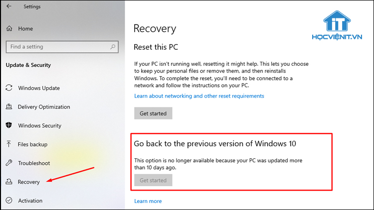 Nhấn Get Started tại mục Go back to previous version of Windows