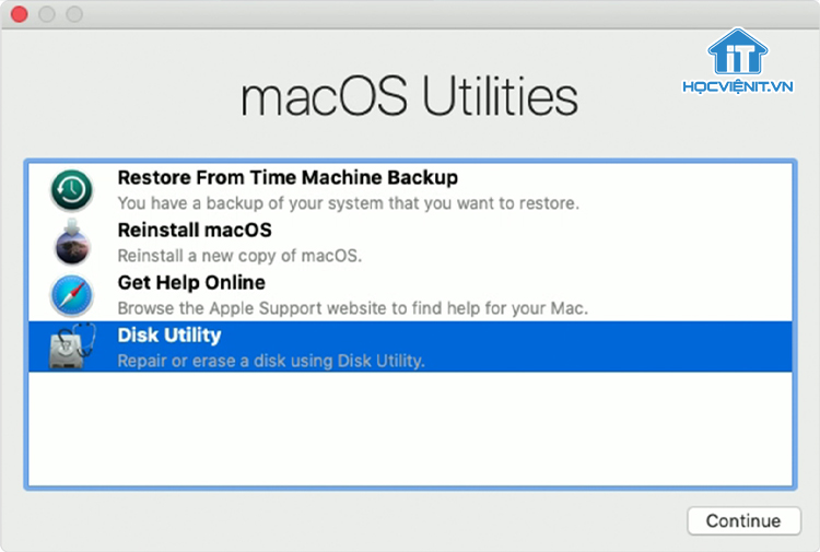 Chọn Disk Utility