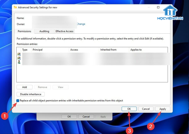 Tích chọn Replace all child object permission entries with inheritable permission entries from this object