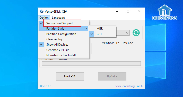 Tích chọn Secure Boot Support
