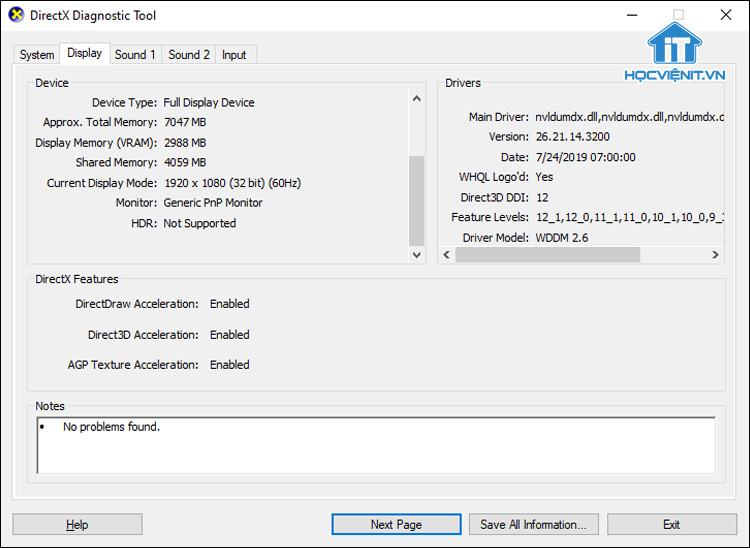 Cửa sổ DirectX Diagnostic Tool
